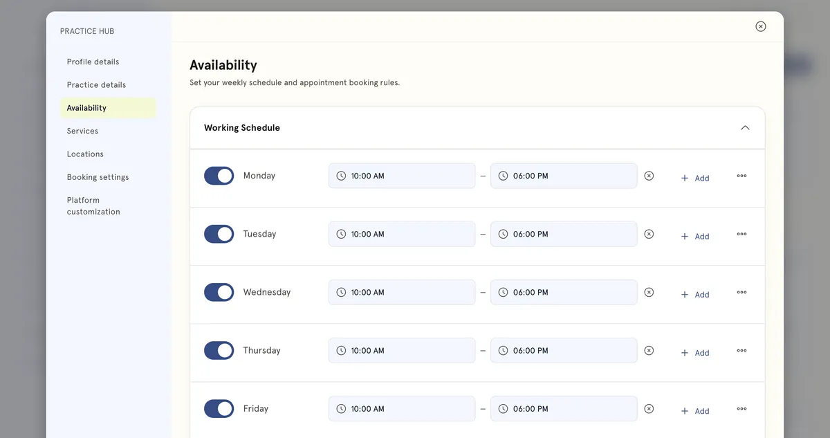Availability settings with working schedule per weekday
