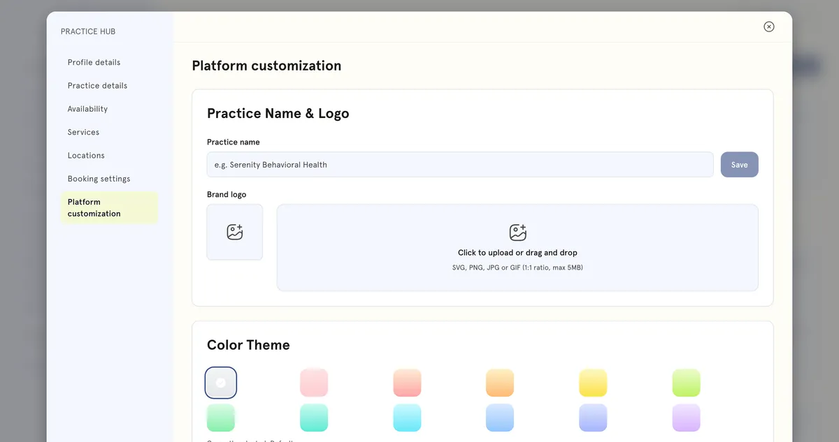 Platform customization in Practice Hub: practice name, logo upload and the colour themes.