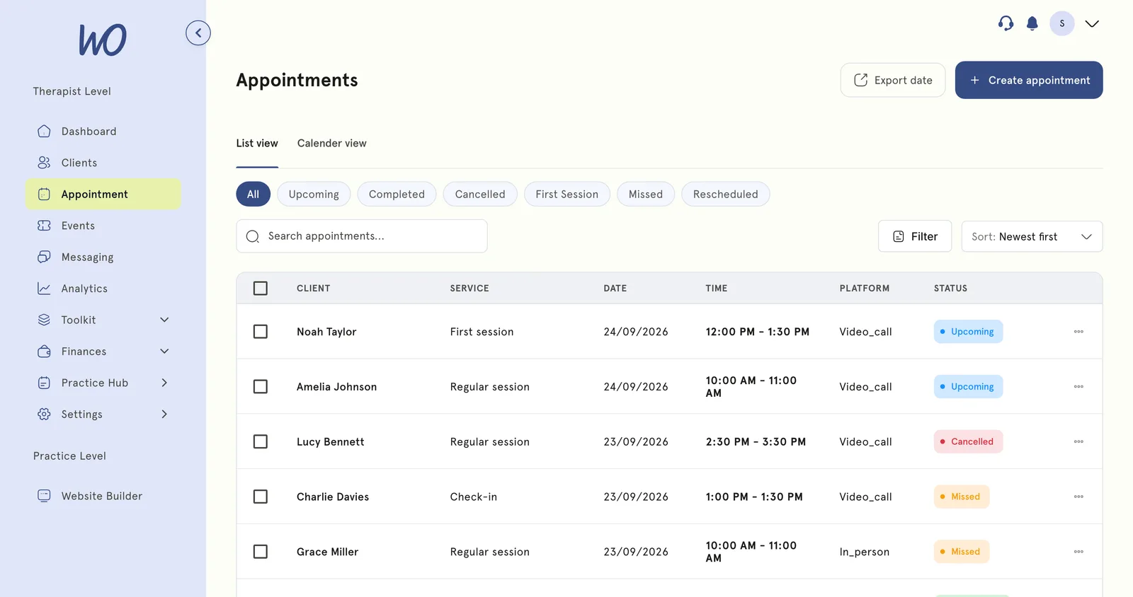 The same diary as a list: filters for upcoming, completed, cancelled, first session, missed and rescheduled, above six appointments with their client, service, date, time, how the session is held and its status.