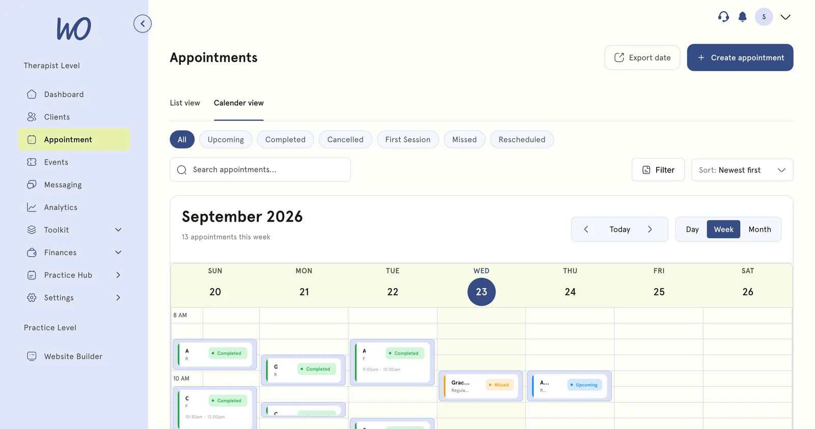 A week in the appointments calendar — September 2026, fourteen appointments, sessions from Sunday to Friday, each marked with its status.
