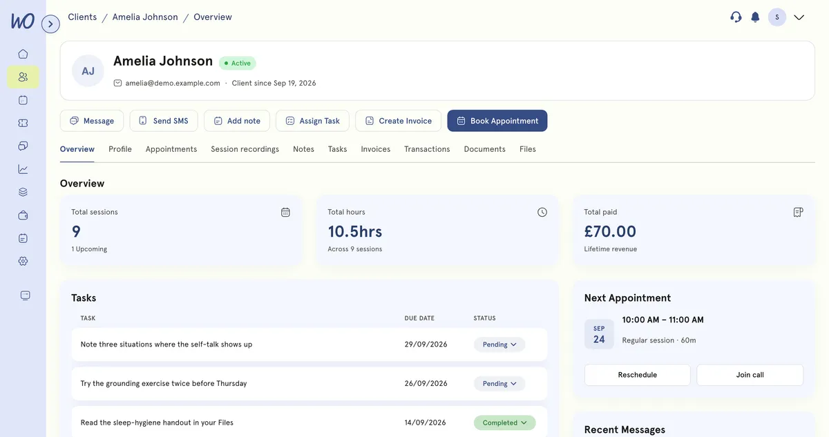 Client record overview: sessions, tasks, next appointment