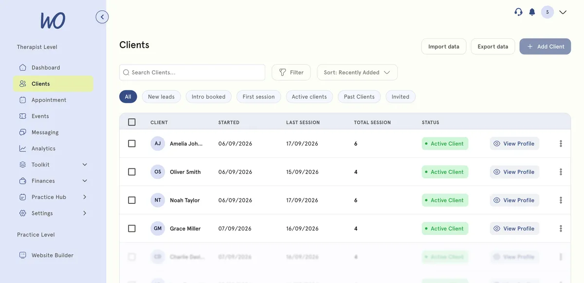 The client list: six clients with the date each started, their last session, how many sessions they have had, and an active-client badge.