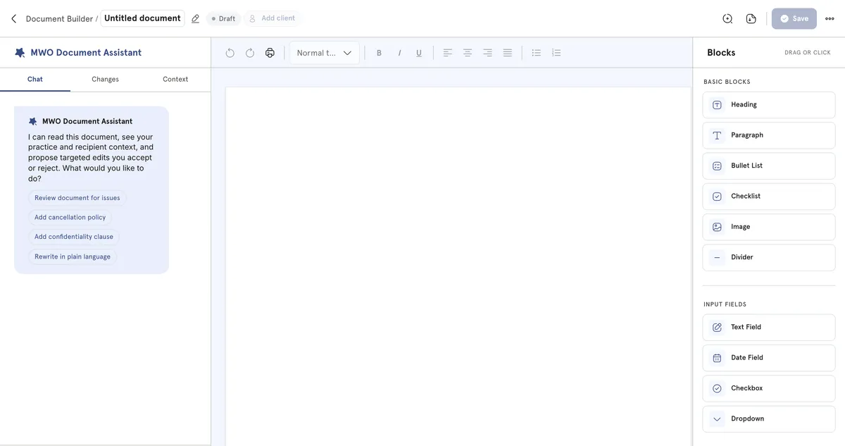 AI document editor with a drafted document