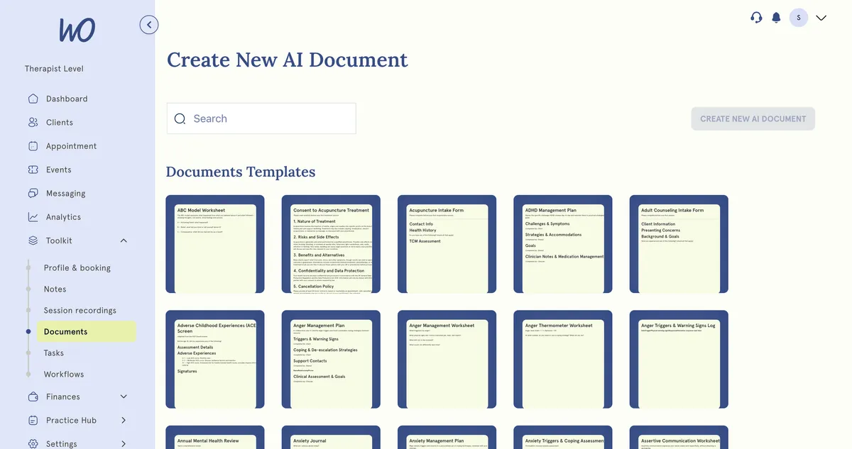 Documents templates library with Create New AI Document