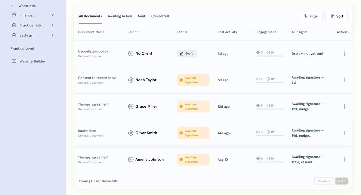 Documents list showing status per client
