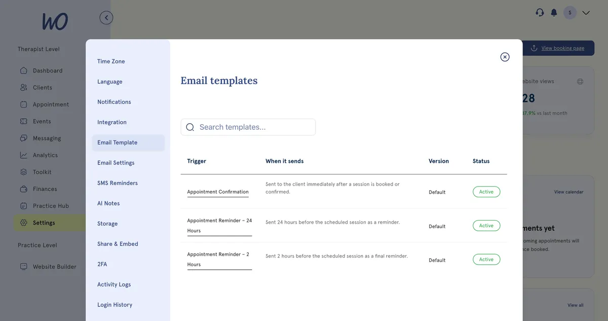 Email templates: appointment confirmation and reminders, all active