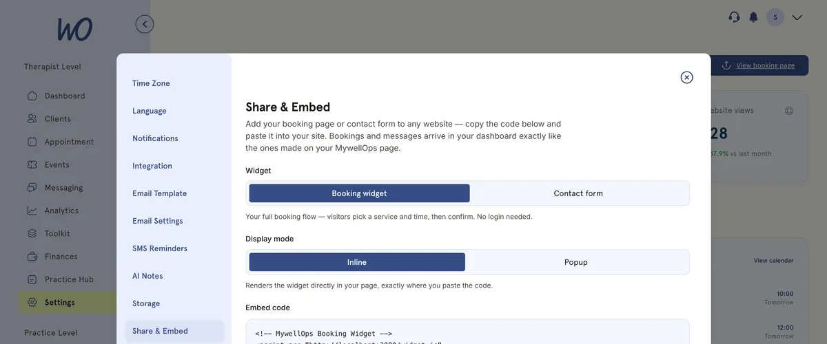Share & Embed settings: widget type, display mode and embed code