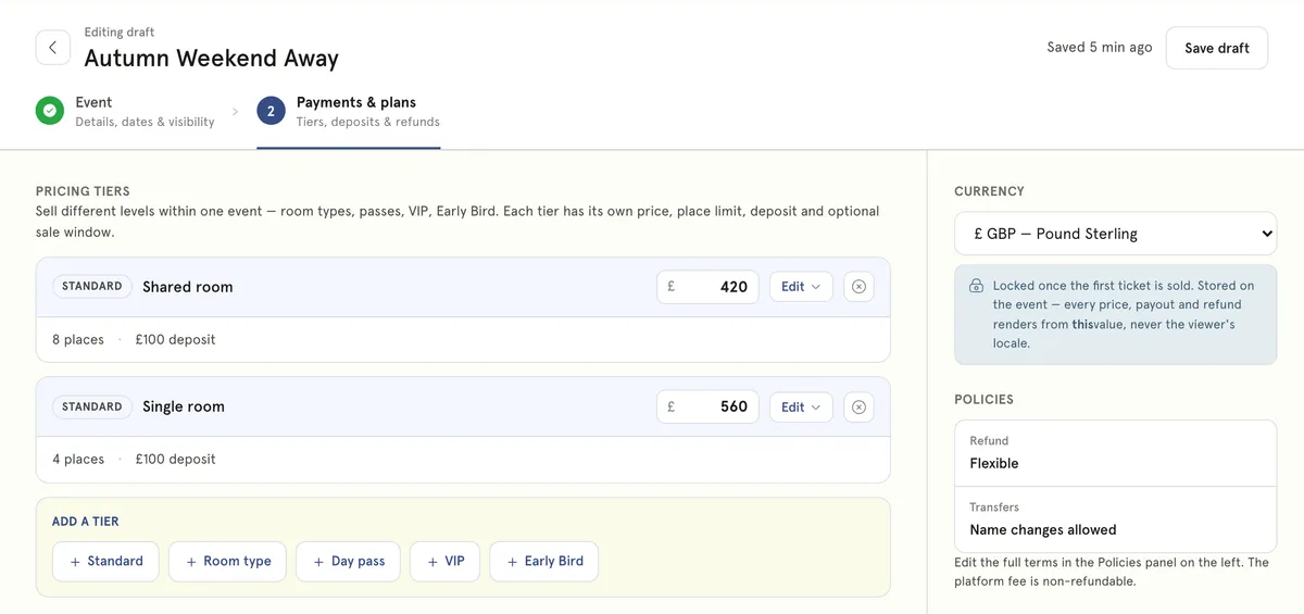 Event pricing tiers: early bird and standard, with capacity