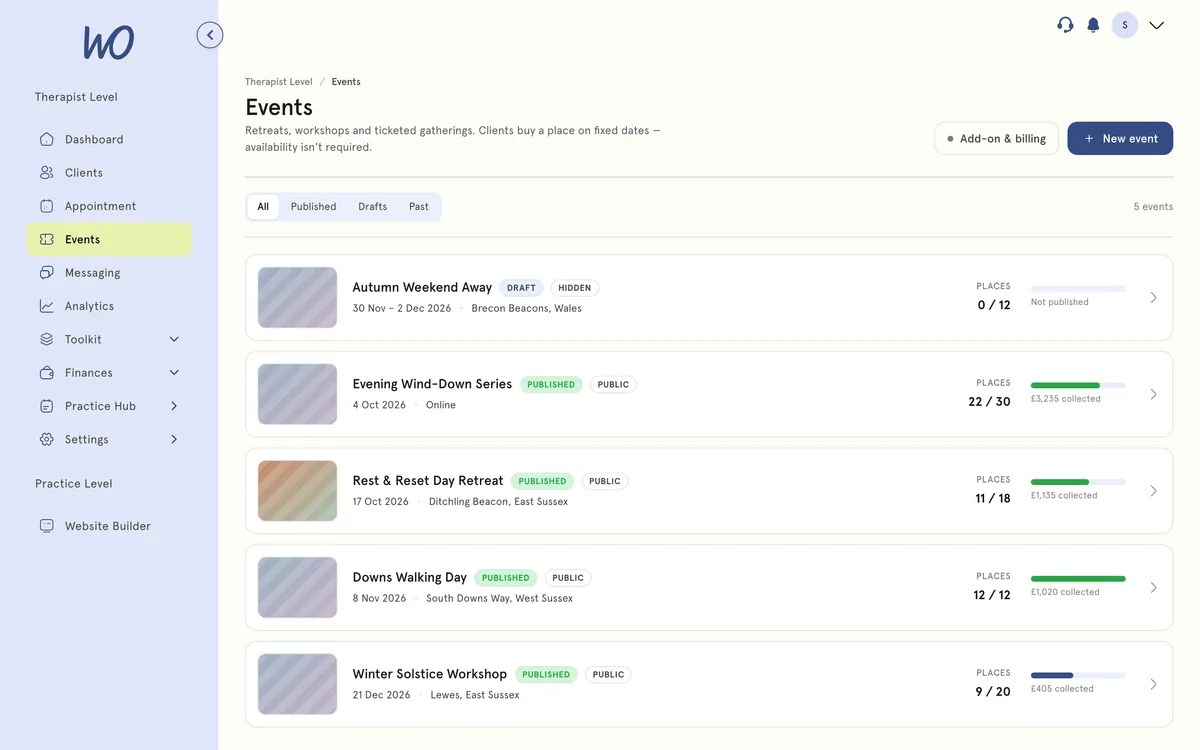 Events list with capacity and bookings per event