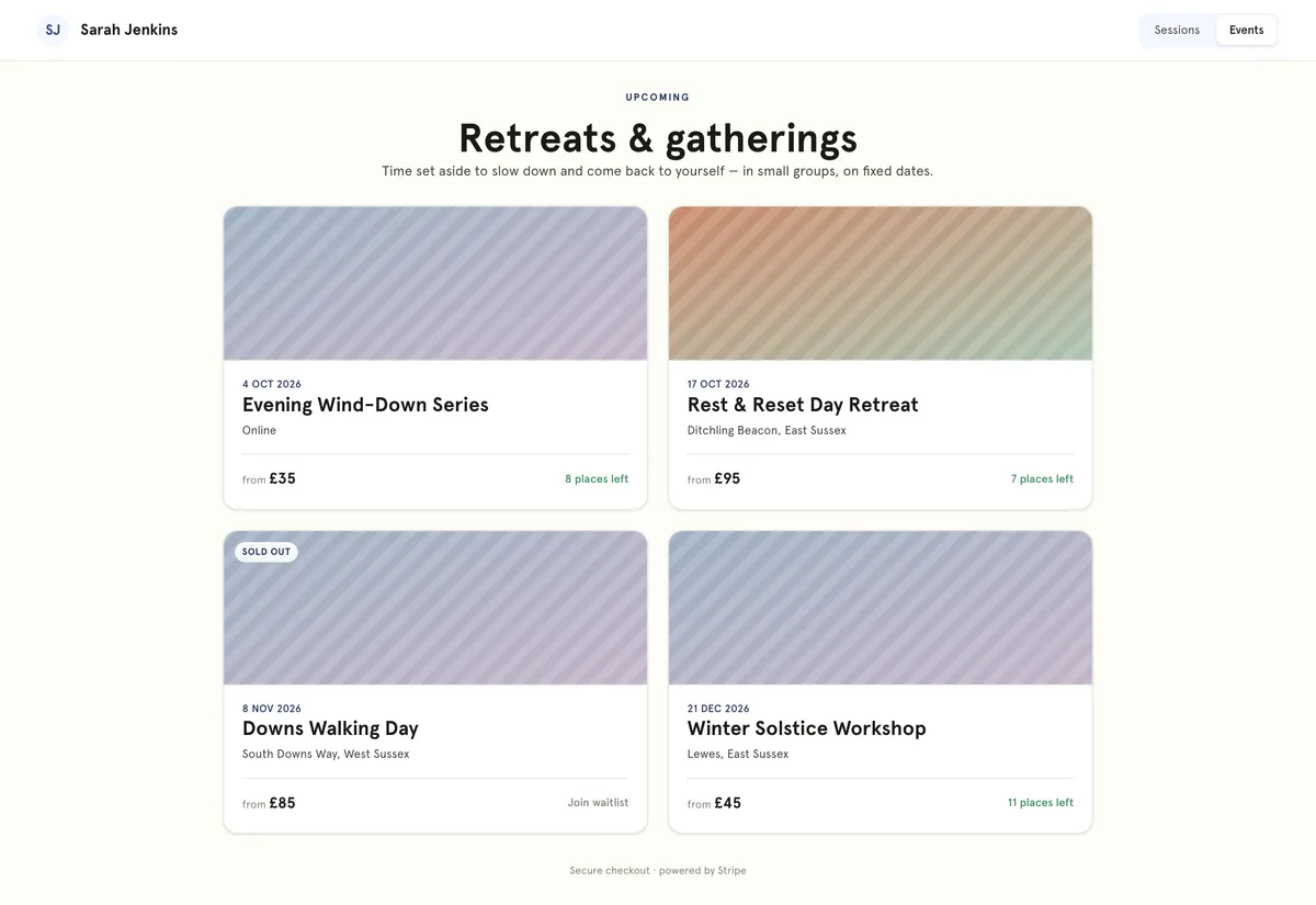 Public Retreats & gatherings page with four events
