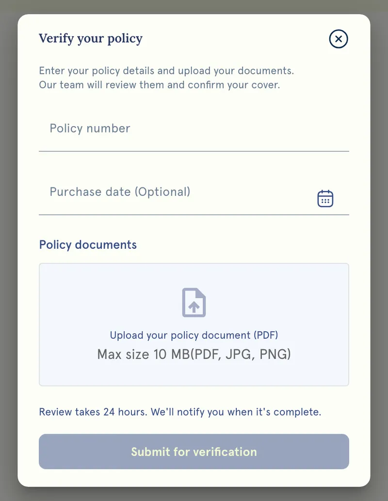 Verify your policy: policy number, purchase date and document upload