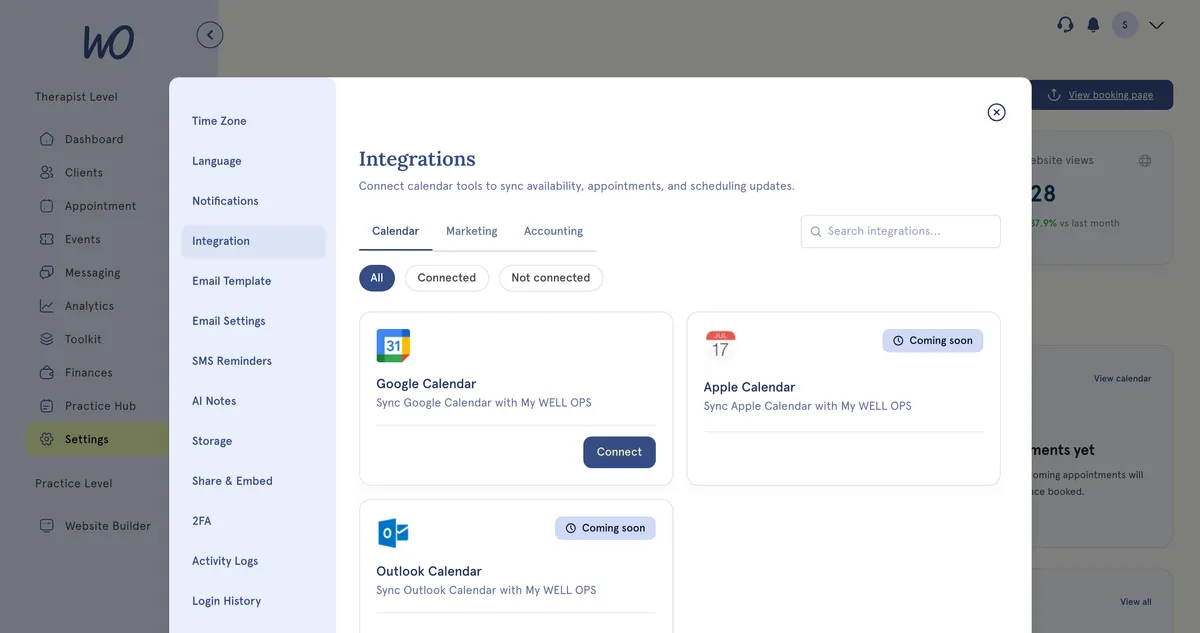 The Integrations screen in Settings: Google Calendar ready to connect, and Apple and Outlook calendars marked coming soon.