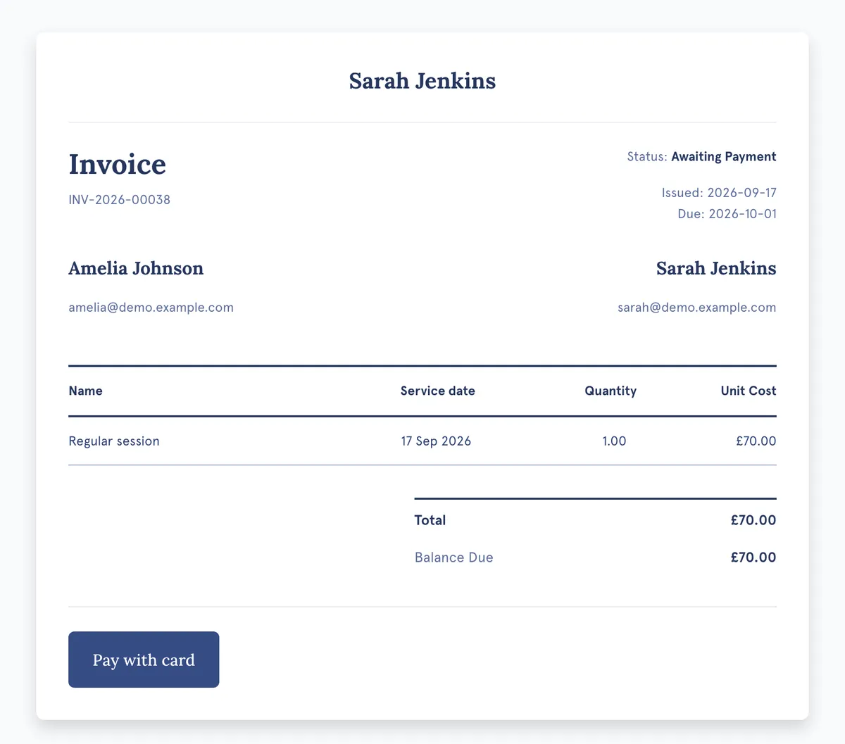 An invoice as the client sees it, with a Pay with card button