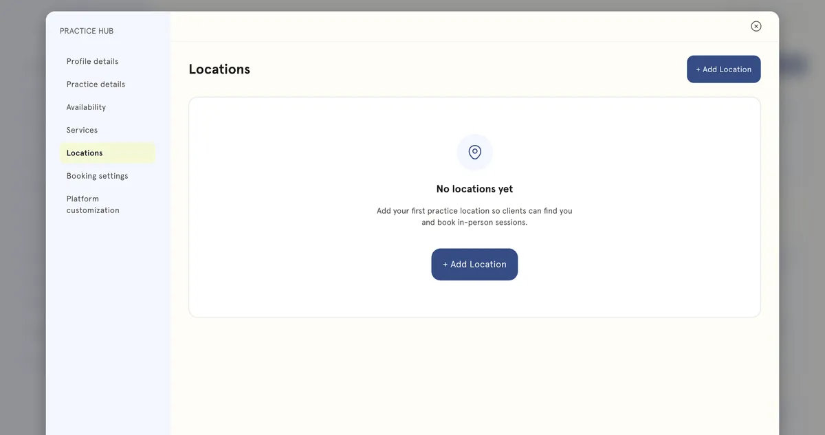 Locations in Practice Hub before any are added, with the Add Location button.