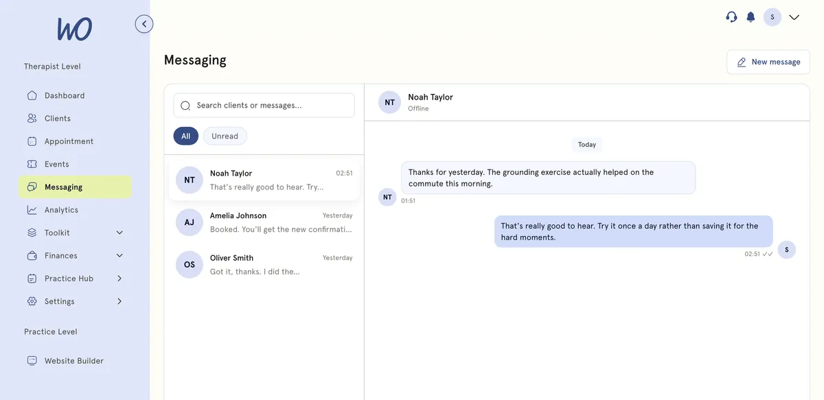 MyWellOps messaging inbox with a client conversation