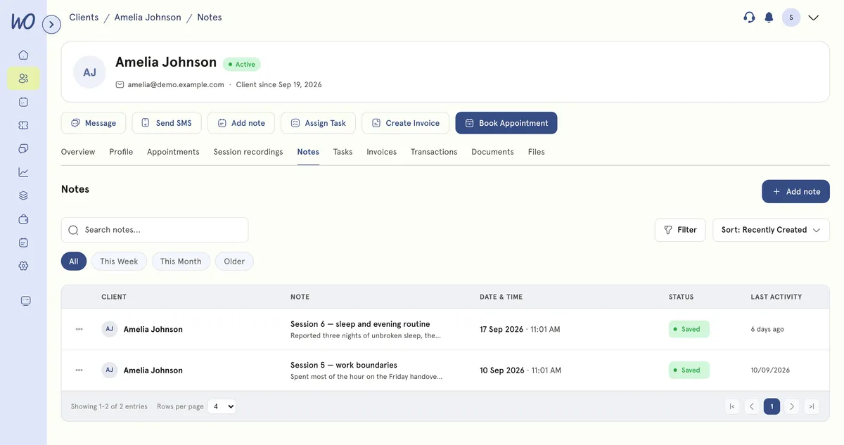 Amelia Johnson's client record, open on the Notes tab