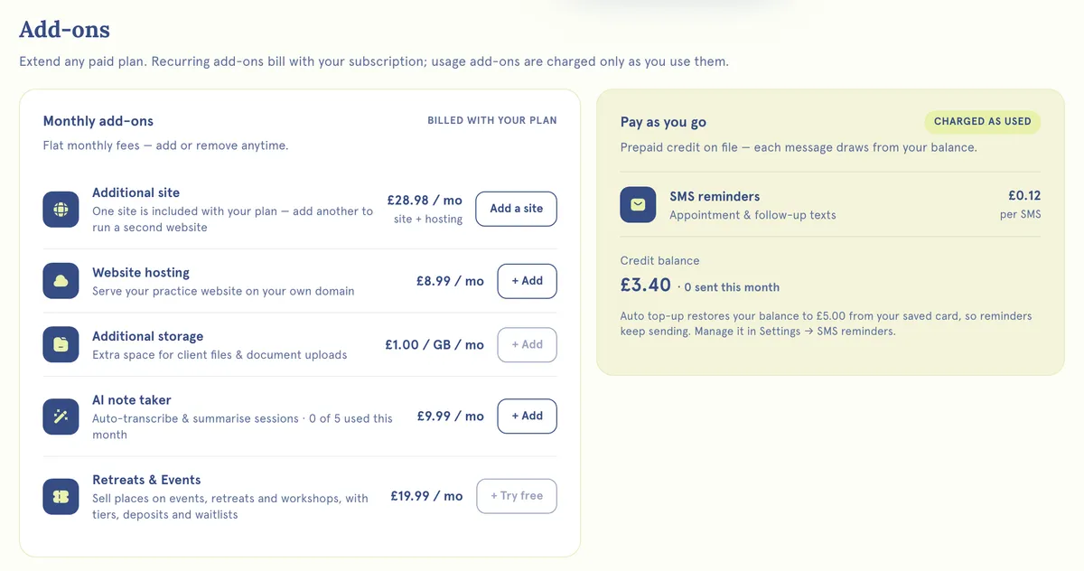 Plan add-ons with monthly prices