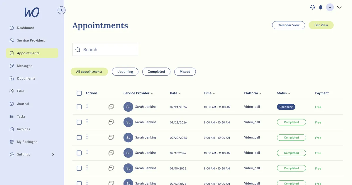 Client portal appointments list with upcoming and completed sessions