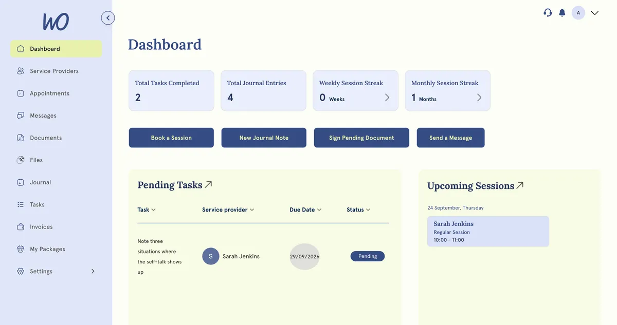 Client portal dashboard with pending tasks and upcoming sessions