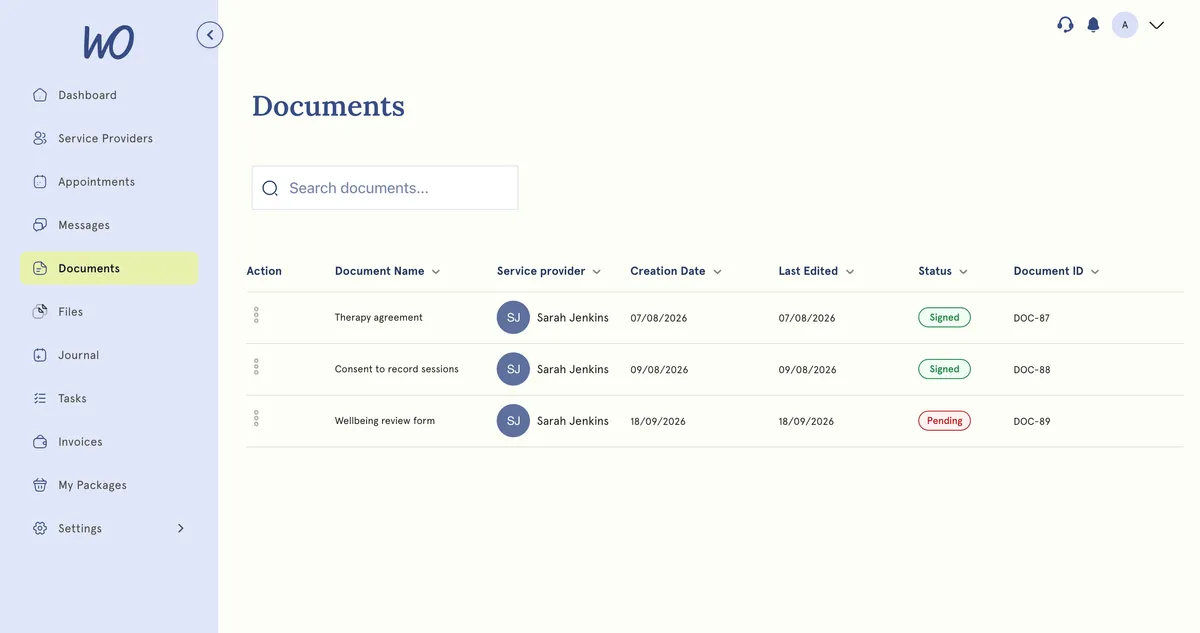 Client portal documents list with signed and pending forms
