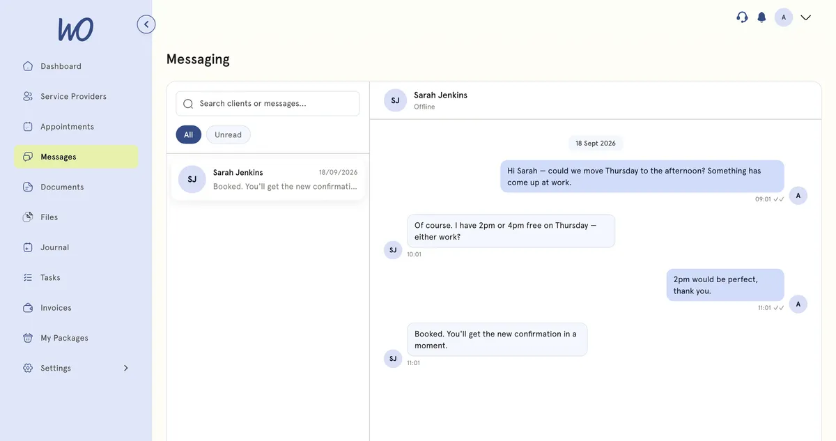 The same conversation as the client sees it in their portal