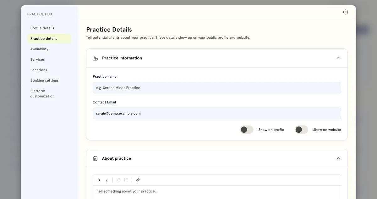 Practice Hub on Practice details: Practice name and Contact Email under Practice information, with Show on profile and Show on website switches, and About practice below.