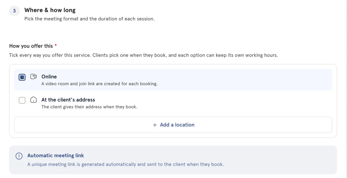 A service's Where & how long section with Online ticked under How you offer this, and the Automatic meeting link note.
