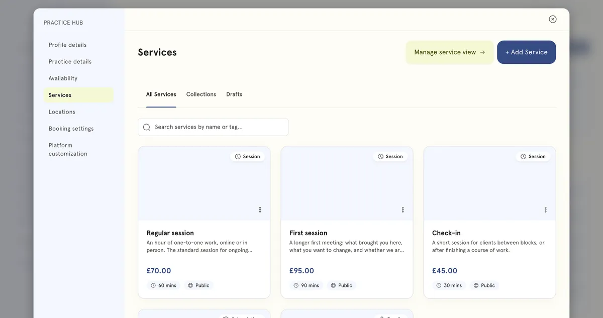 Services list including bundles and subscriptions