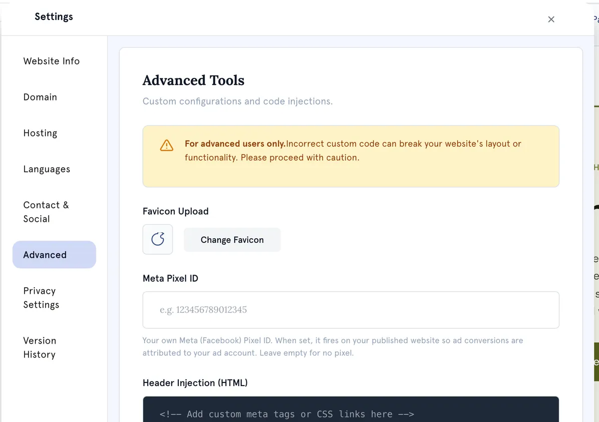Advanced settings: favicon, Meta Pixel ID and custom code.