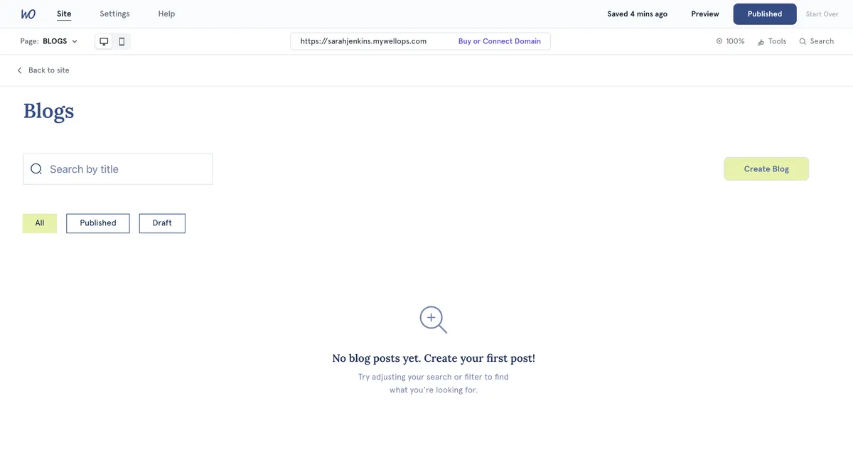 The Blogs page, where posts are created, drafted and published.