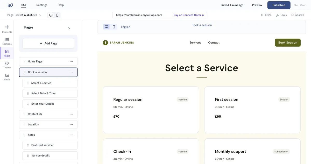 The same booking flow on a MyWellOps-built site