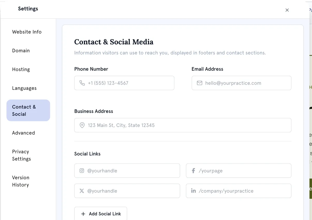Contact & Social settings: phone, email, address and social links.