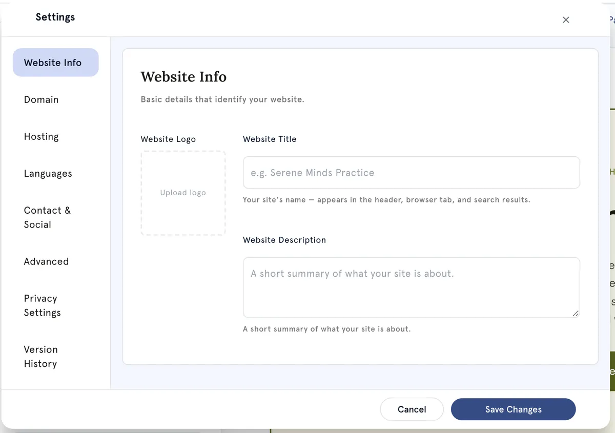 Website Info in the Website Builder's settings: logo, website title and description.