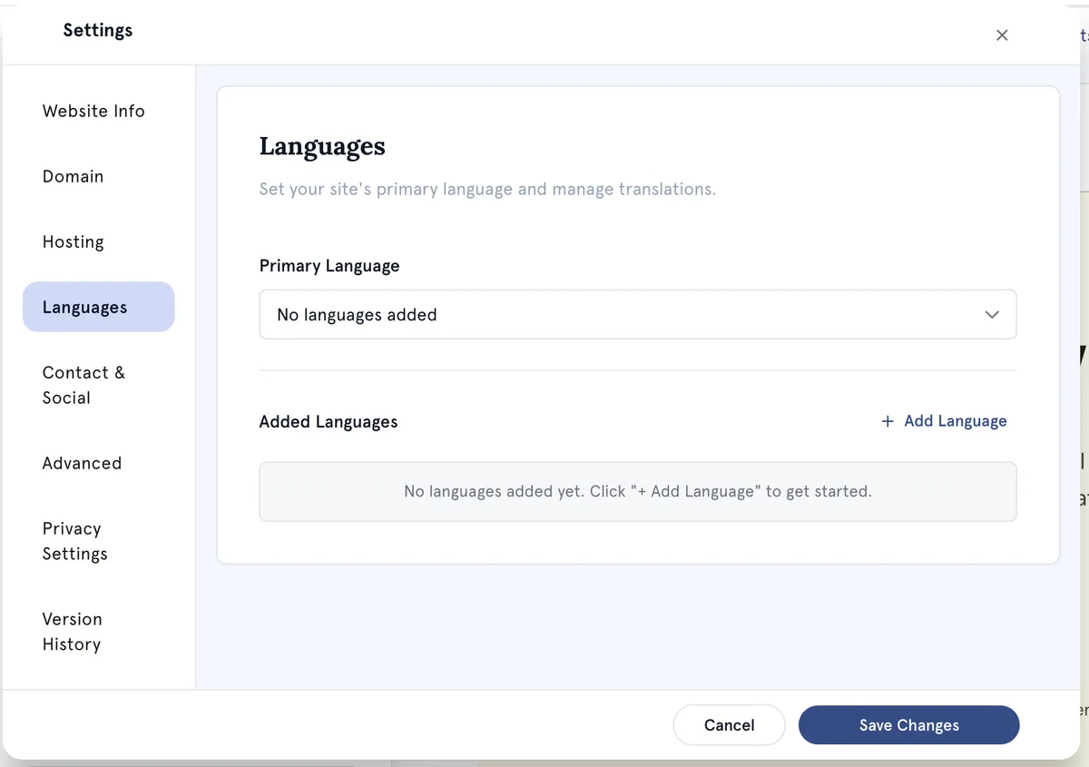 The Languages settings: a primary language and the languages you add.
