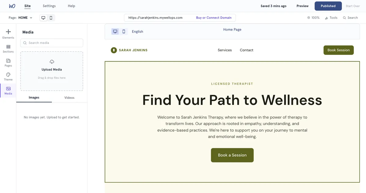 The Media panel: upload images and videos, then place them on your pages.