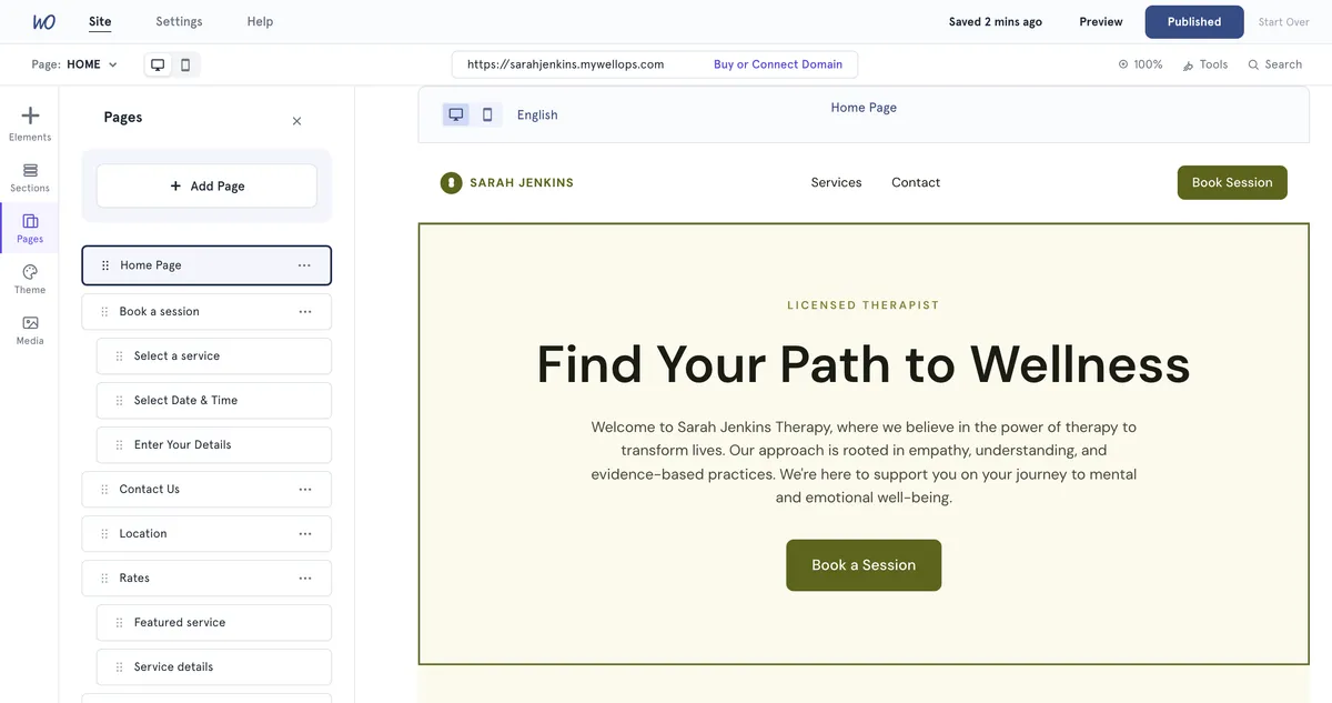 The Pages panel in the Website Builder, beside the page you're editing.
