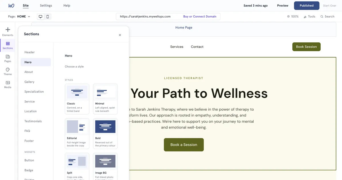 The Sections panel: section types, including Header and Footer, and a style for each.