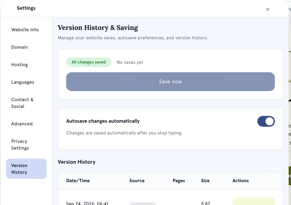 Version History: save now, autosave and the list of saved versions.