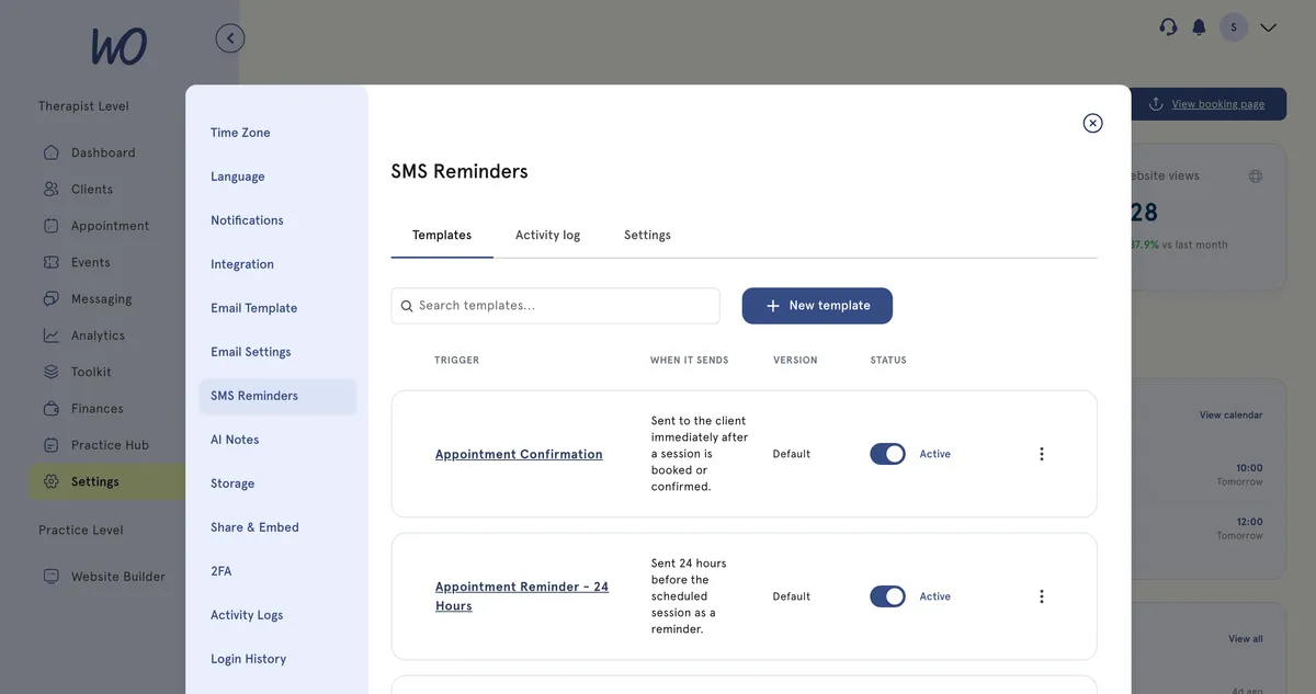 SMS Reminders settings with templates and activity log
