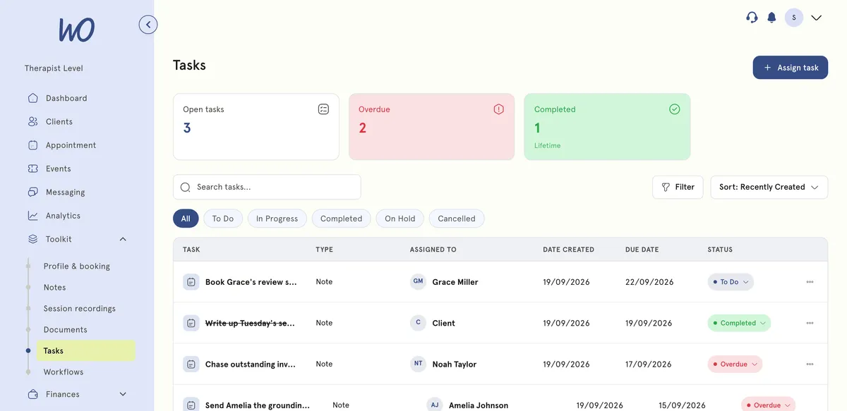Tasks board with pending and completed tasks per client