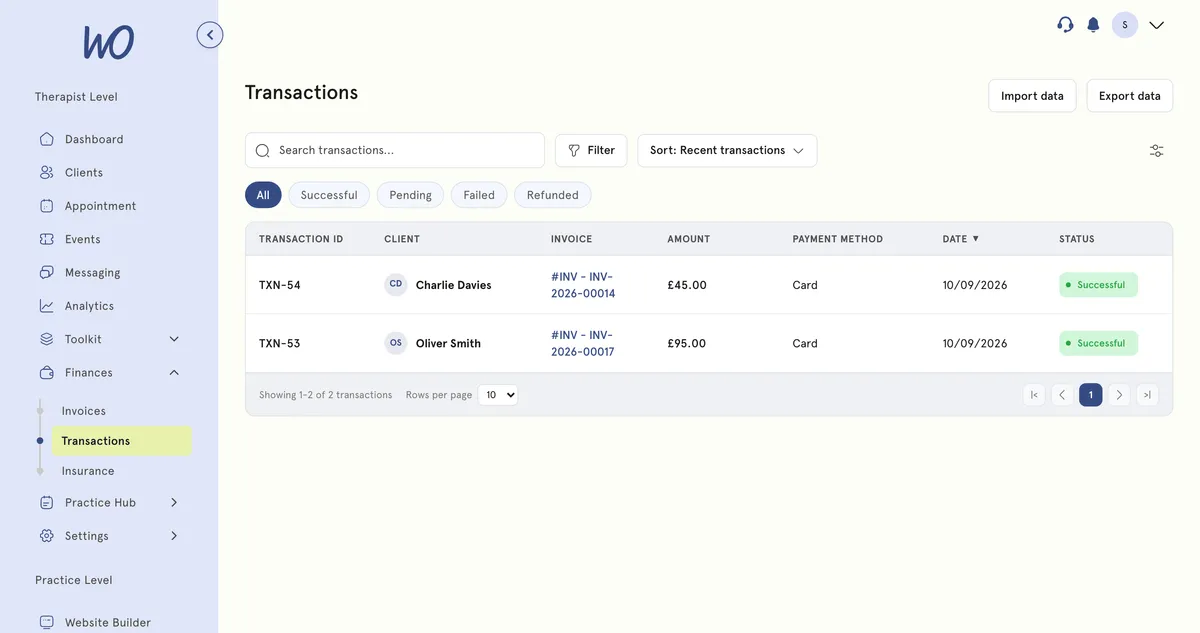 Transactions list with payment status and method