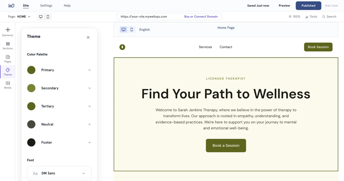 Website builder editor with theme settings and live page preview