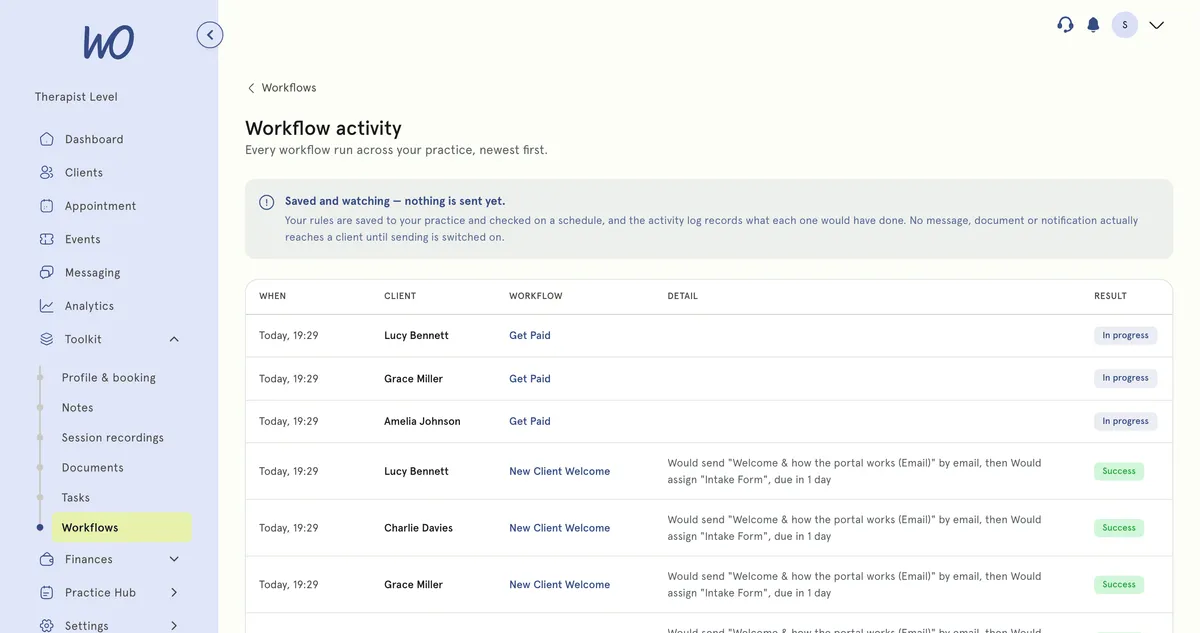 Workflow activity log listing each run per client