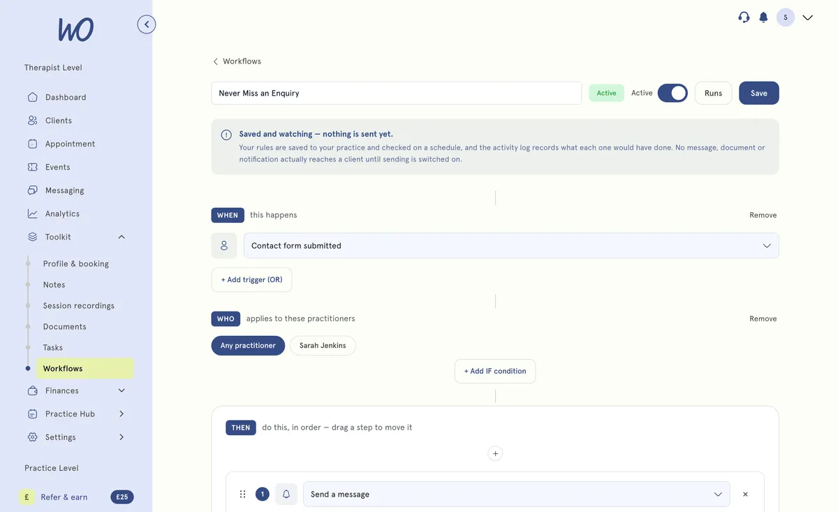 Workflow editor: trigger, wait, send message