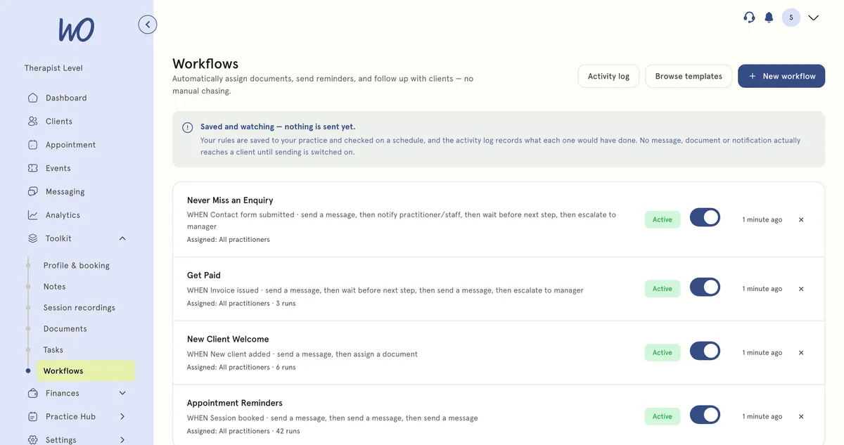 Workflows list with active automations