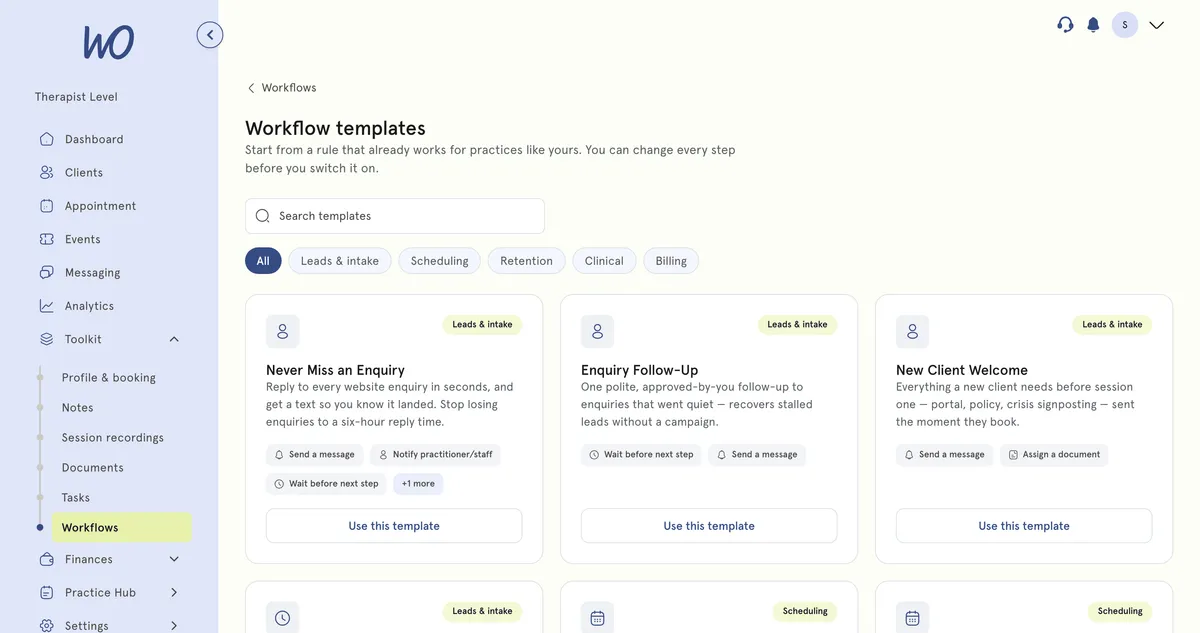 Workflow templates: a search box, category chips and template cards with a 