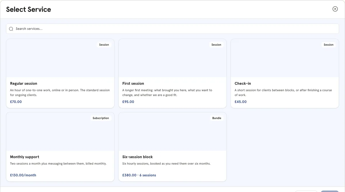 The booking widget showing Select Service with five services