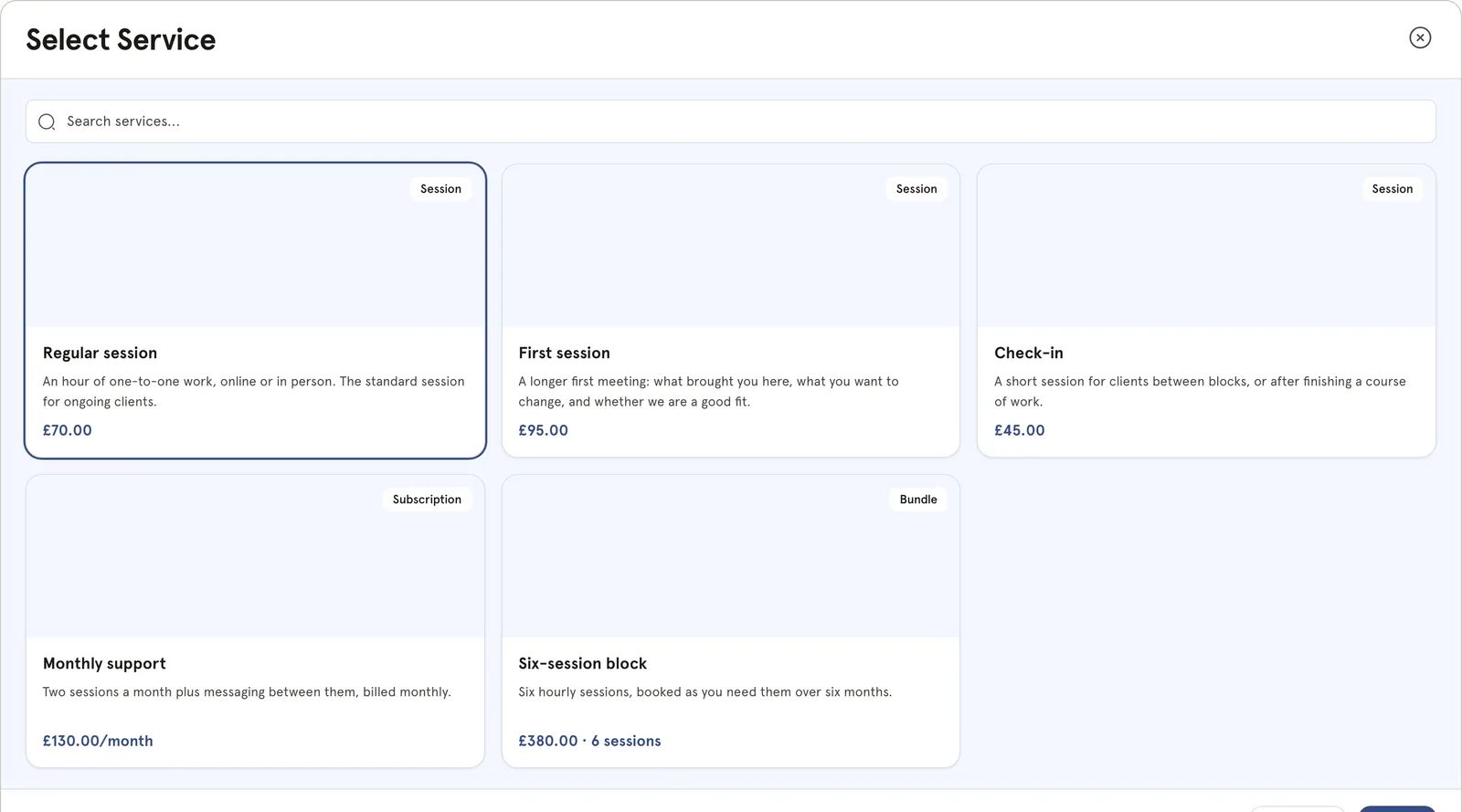 The same widget with a service chosen — the regular session at £70 outlined as selected, the other four still offered.