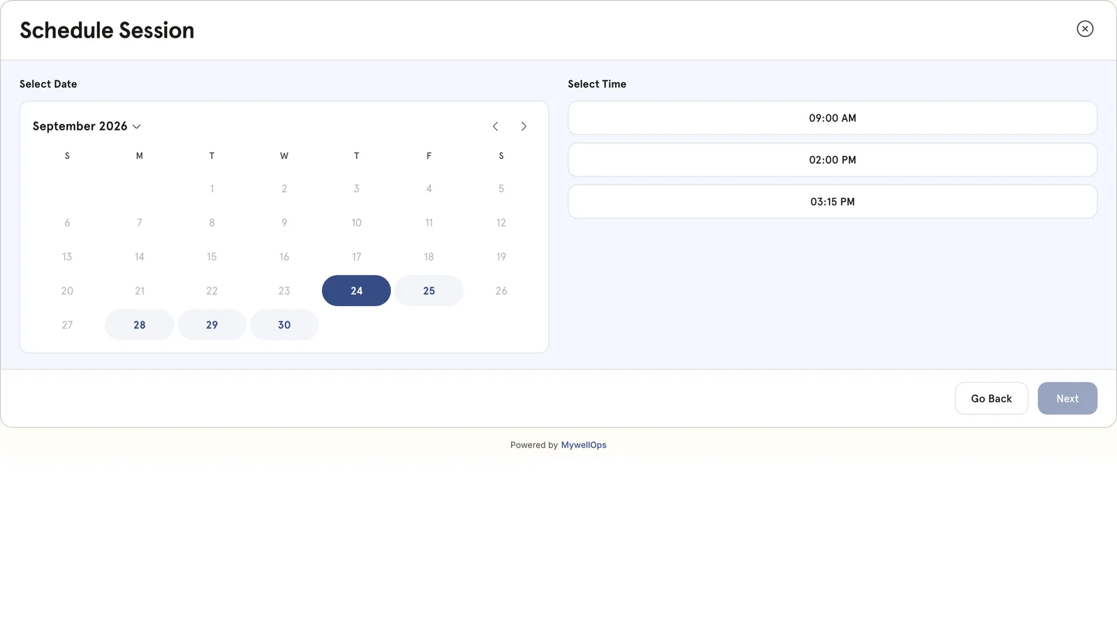 The next step of the booking: a September calendar with the bookable days picked out, the 24th chosen, and three appointment times offered beside it.